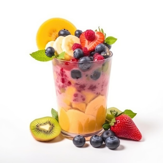 Ein Glas Frucht-Smoothie mit Erdbeeren, Heidelbeeren und Kiwi an der Seite.