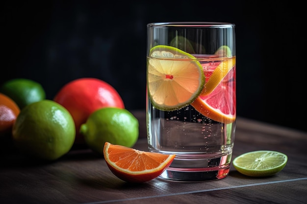 Ein Glas fruchtiges Wasser mit einer Limettenscheibe als Beilage, hergestellt mit generativer KI