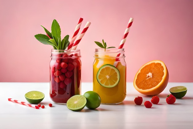 Ein Glas Fruchtsaft mit rot-weiß gestreiften Strohhalmen und ein paar anderen Getränken.