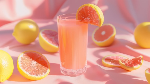 Ein Glas, gefüllt mit einem Saft, der eine Mischung aus Grapefruitsaft und Zitronen mit den Zitrusfrüchten enthält