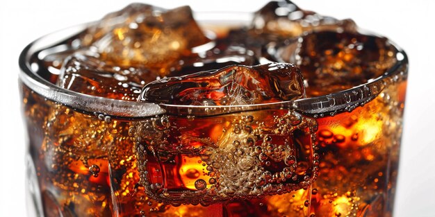 Ein Glas gekühlte Cola mit Eiswürfeln auf weißem Hintergrund