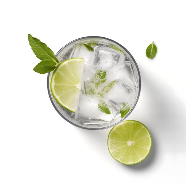 Foto ein glas gin-tonic mit einer limettenscheibe darin, isoliert auf weißem top-wiew