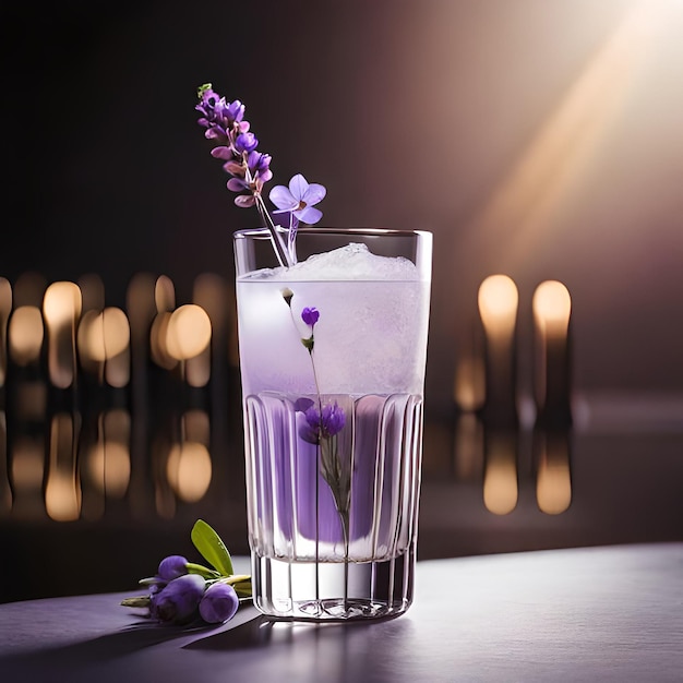 Ein Glas Gintonikum mit Lavendel auf einem Tisch mit einer lila Blume darauf