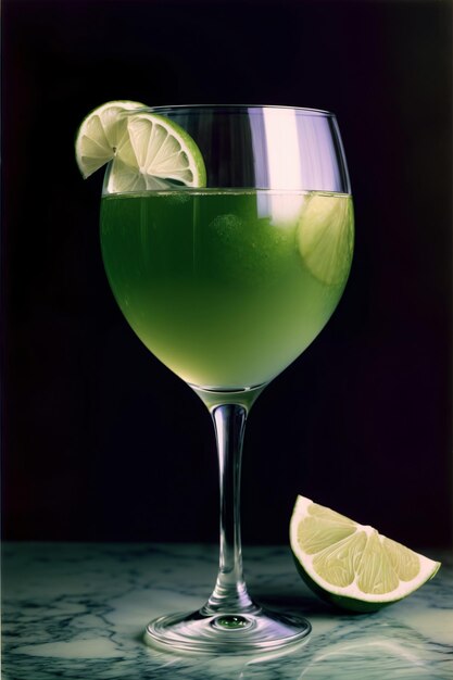 Ein Glas grüne Flüssigkeit mit einer Limettenscheibe
