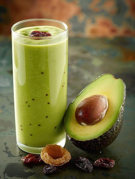 Ein Glas grünen Smoothie mit einer grünen Avocado auf dem Tisch Die Avocado ist in zwei Hälften geschnitten und das Innere ist sichtbar