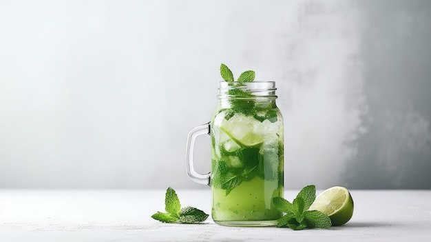 Ein Glas grüner Smoothie mit Minzblättern auf einem weißen Tisch