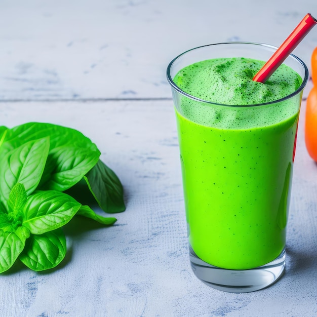 Ein Glas grüner Smoothie neben Orangen und Basilikum.