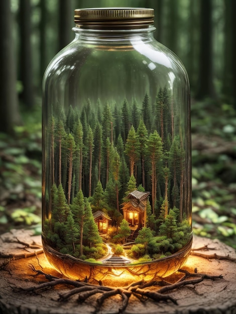 Ein Glas Häuser mit einem Wald darin