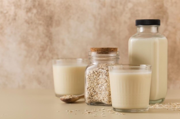 Ein Glas Hafermilch, ein Krug und Haferflocken Das Konzept alternativer laktosefreier Milchprodukte Platz kopieren
