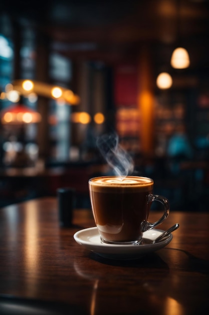 Ein Glas heißer Kaffee auf Holztisch