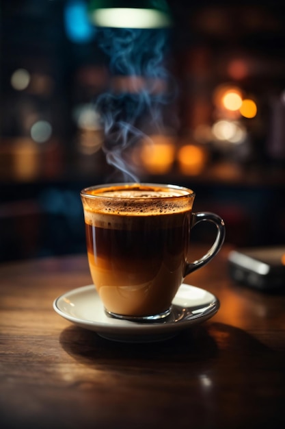 Ein Glas heißer Kaffee auf Holztisch