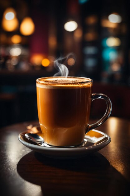 Ein Glas heißer Kaffee auf Holztisch