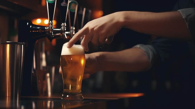 Ein Glas helles Bier in einem dunklen Pub