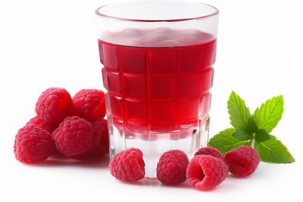 Ein Glas Himbeersaft mit einigen Himbeeren als Beilage