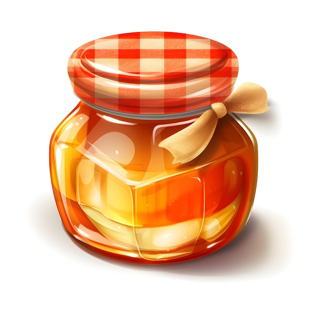 Ein Glas Honig mit einem karierten rot-weiß karierten Deckel.