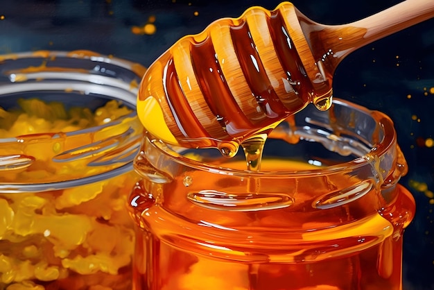Ein Glas Honig mit orangefarbener Flüssigkeit, die hineingeschüttet wird.