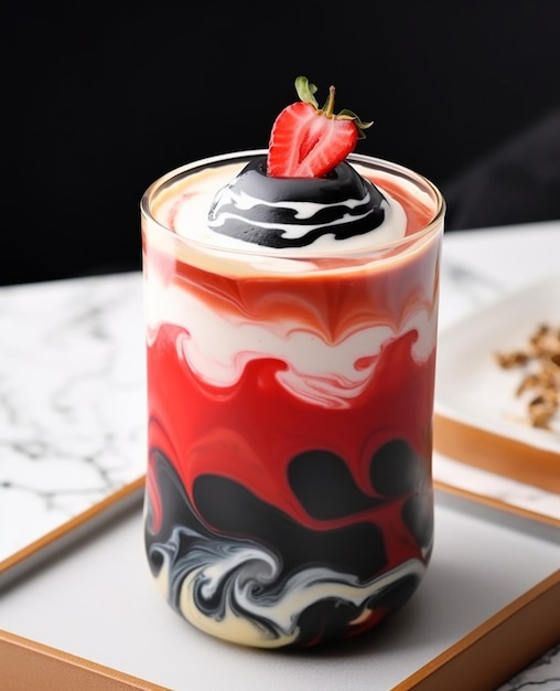 Ein Glas japanischer Milchshake mit einer Erdbeere obendrauf.