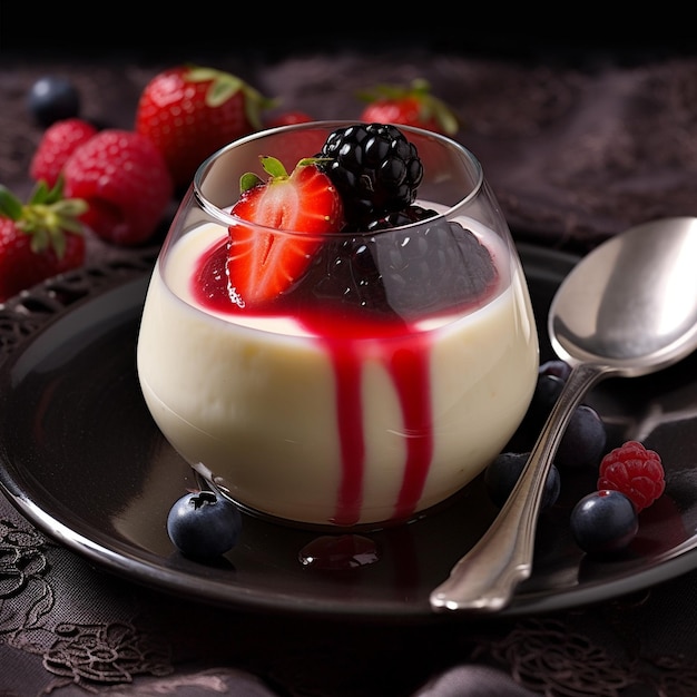 ein Glas Joghurt mit Beeren und ein Löffel auf einem Tisch.