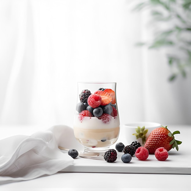 Ein Glas Joghurt mit Beeren und Erdbeeren auf einem Tisch.