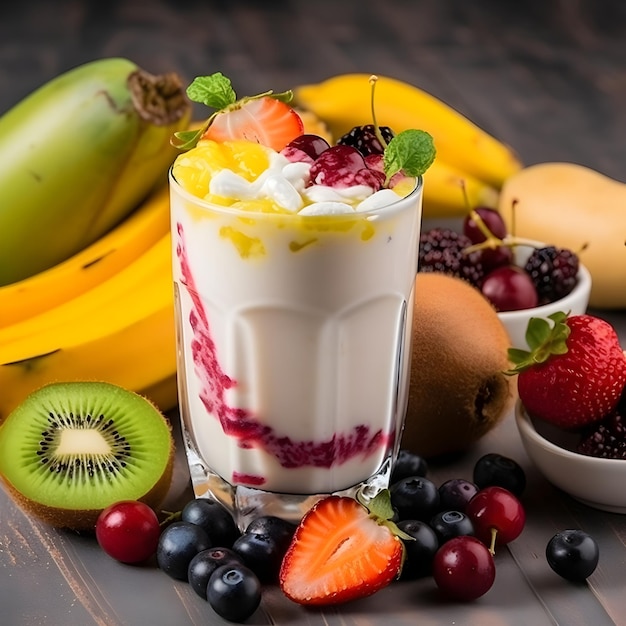 Ein Glas Joghurt mit Früchten darauf