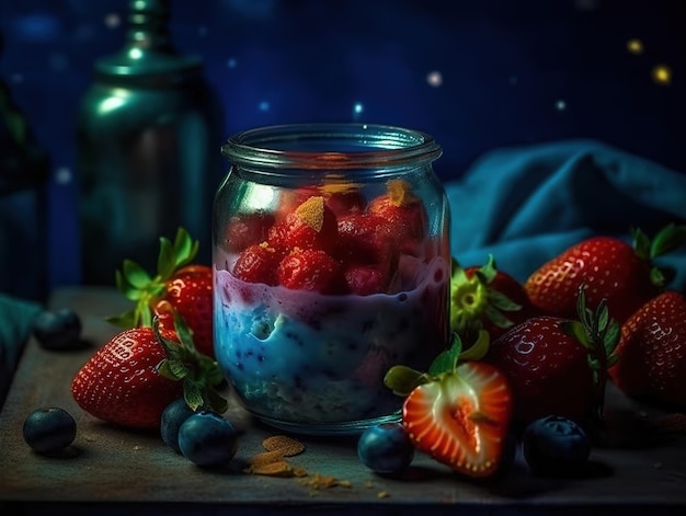 Ein Glas Joghurt mit Heidelbeeren und Erdbeeren darauf.