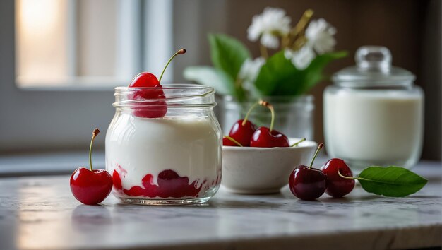 ein Glas Joghurt mit Kirschen in der Küche