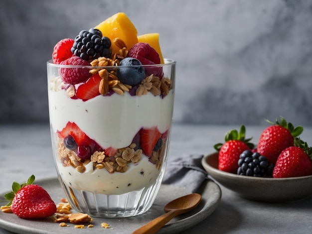 ein Glas Joghurt mit Obst und Beeren