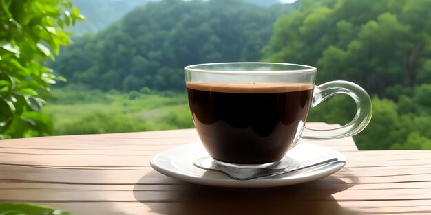 Ein Glas Kaffee auf dem Tisch mit Natur-Hintergrund-Kopie-Raum