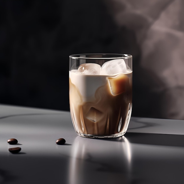 Ein Glas Kaffee mit dunklem Hintergrund und ein paar Kaffeebohnen.