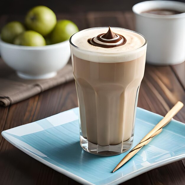 Ein Glas Kaffee mit einem Löffel daneben und einer Schale mit grünen Äpfeln im Hintergrund.