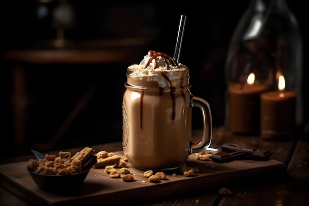 Ein Glas Kaffee mit Strohhalm und ein Glas Schokoladenmilch.