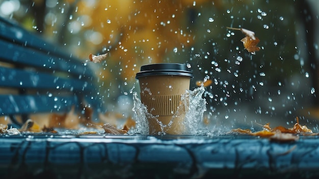 ein Glas Kaffee steht auf einer Bank im Regen