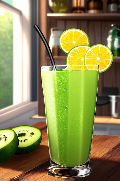 Foto ein glas köstliches grünes kiwi-fruchtgetränk auf dem küchentisch