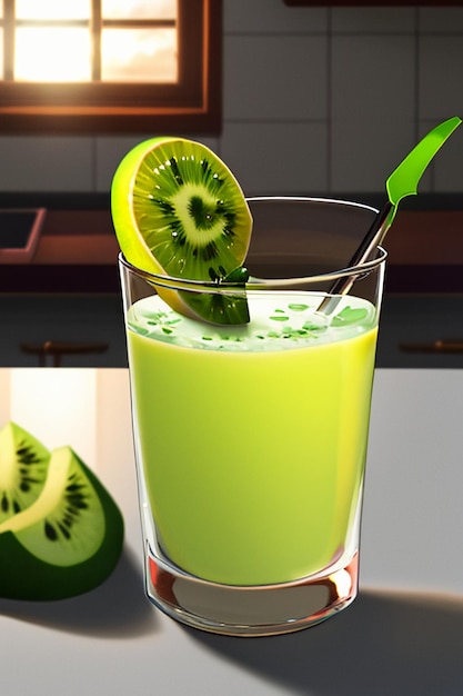 Ein Glas köstliches grünes Kiwi-Fruchtgetränk auf dem Küchentisch