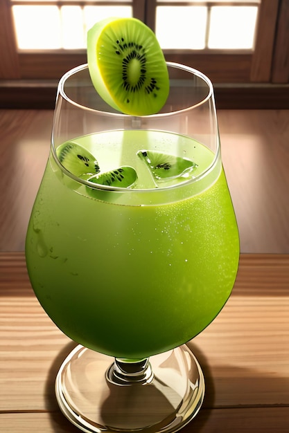 Ein Glas köstliches grünes Kiwi-Fruchtgetränk auf dem Küchentisch