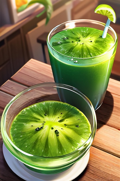 Ein Glas köstliches grünes Kiwi-Fruchtgetränk auf dem Küchentisch