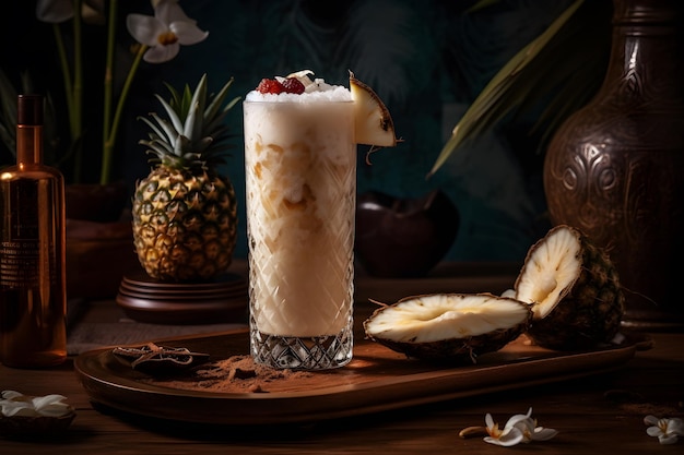 Ein Glas Kokosmilchshake mit einer Ananas obendrauf