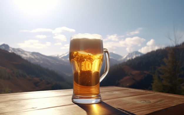 Ein Glas Lagerbier auf einem Tisch auf einem Berghintergrund frisches helles Bier Illustration ai generiert