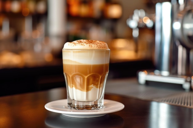 Ein Glas Latte-Macchiato-Kaffee auf einem Tisch in einem von der KI erzeugten Café