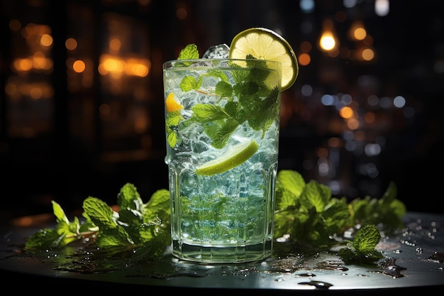 Ein Glas leckeren Mojito auf dem Tisch in der Bar mit generativem Bokeh-KI-Inhalt