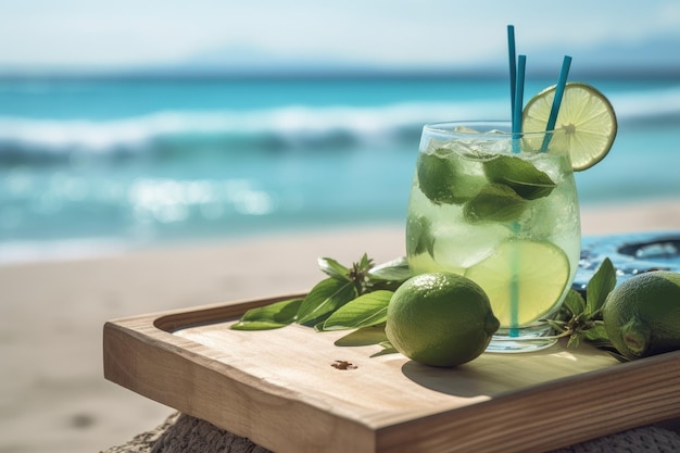 Ein Glas Limettencocktail mit einem blauen Ozean im Hintergrund