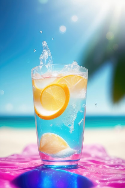 Ein Glas Limonade mit einem Spritzer Wasser auf einer rosa Serviette