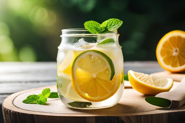 Ein Glas Limonade mit einer Limettenscheibe als Beilage