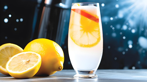 Ein Glas Limonade mit einer Zitronenscheibe als Beilage