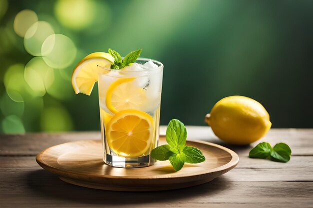 Ein Glas Limonade mit einer Zitronenscheibe auf einem Holztisch.