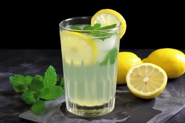 Ein Glas Limonade mit einer Zitronenscheibe und einem Zweig frischer Minze, hergestellt mit generativer KI