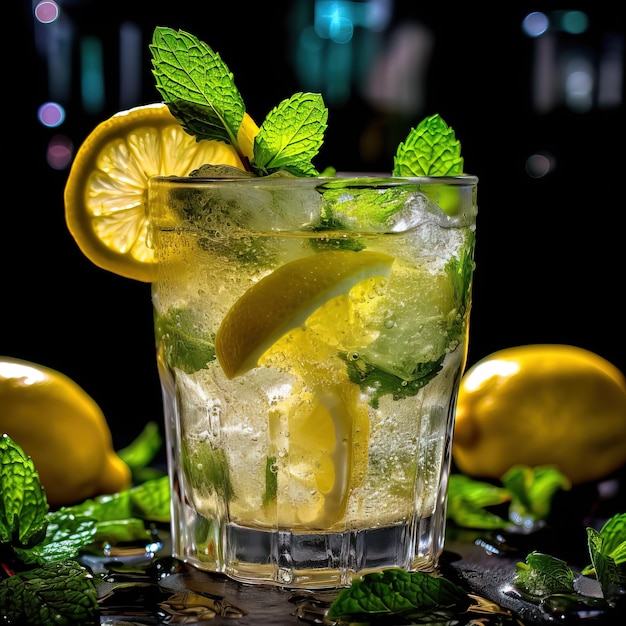 Ein Glas Limonade mit einer Zitronenscheibe und Minzblättern auf einem Tisch.