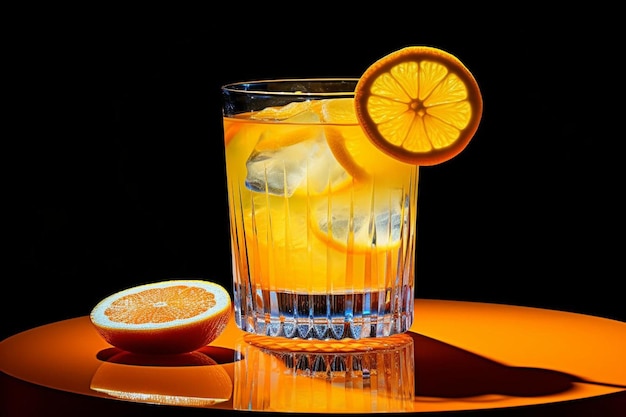Ein Glas Limonade mit Zitronen und Orangenflecken auf einem Tablett.