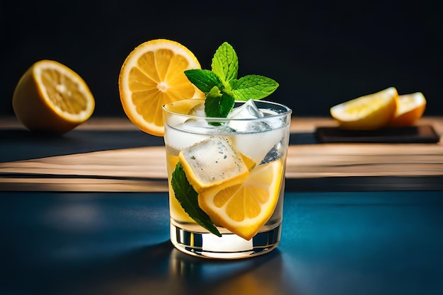 Ein Glas Limonade mit Zitronenscheiben als Beilage