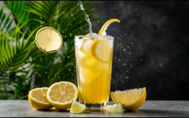 Ein Glas Limonade mit Zitronenscheiben Tropischer Hintergrund mit erfrischendem Gefühl